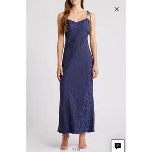 WAYF Aitana Floral Tie Strap Navy Satin Maxi Dress Sz XL Romantic Soft Glam NWT